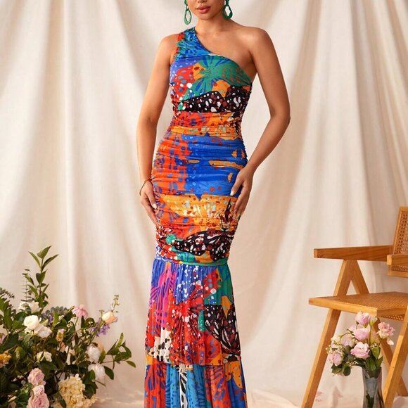 Multicolor Elegant Women's Sexy Sheer Mesh Printed One Shoulder Sleeveless Dress - Picture 6 of 7